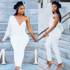 HOUSE OF CB 'Willow' Ivory white Satin Jumpsuit asymmetrical /Size L NWOT